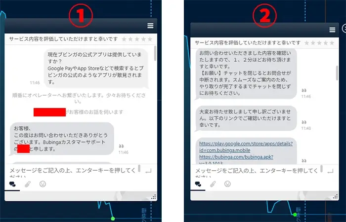 偽アプリに関するブビンガサポートへの問い合わせスクショ