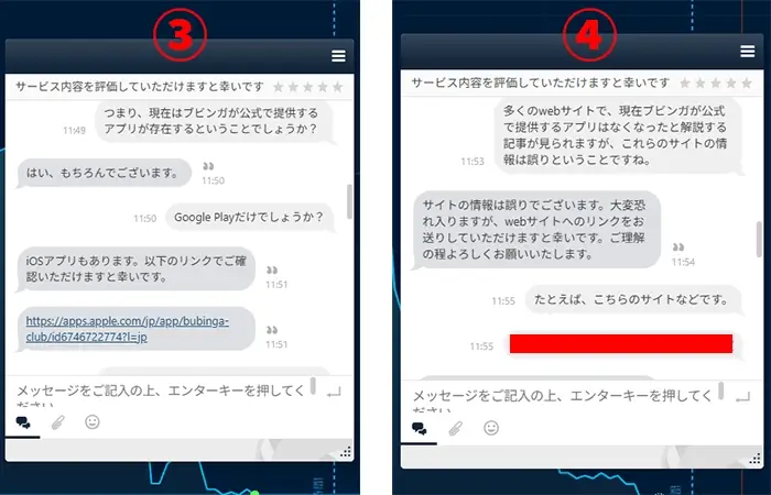 偽アプリに関するブビンガサポートへの問い合わせスクショ