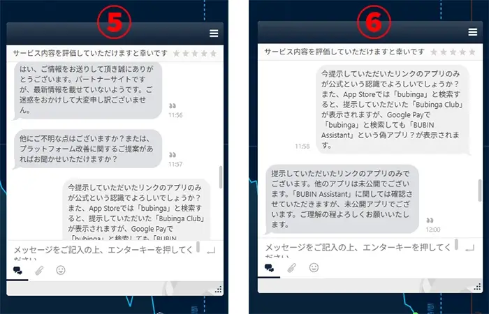 偽アプリに関するブビンガサポートへの問い合わせスクショ